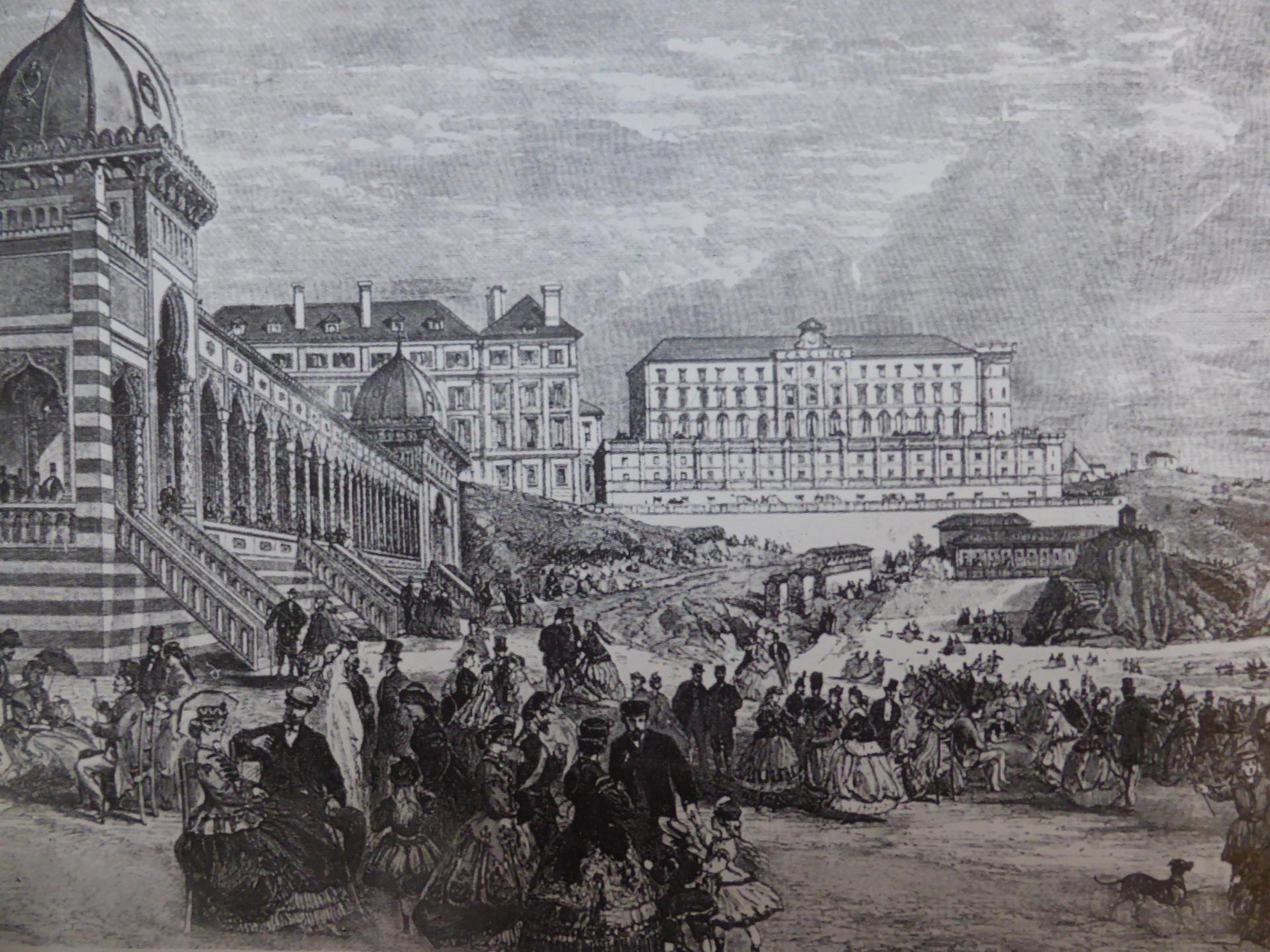 Bains Napoléon, Grand Hôtel, au fond, à gauche, et Casino Bellevue, à droite, lithographie XIXe