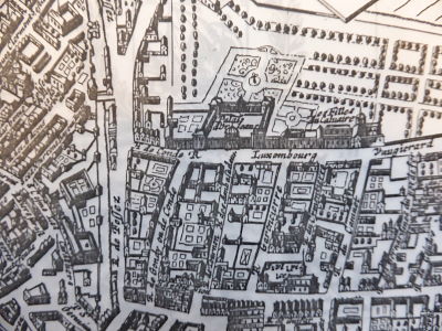 Paris, Hôtel de Condé et Hôtel de Tréville, entre les rues de Tournon, Vaugirard et Condé, face au Luxembourg, plan de Gomboust, 1652, cl. Ph. Cachau