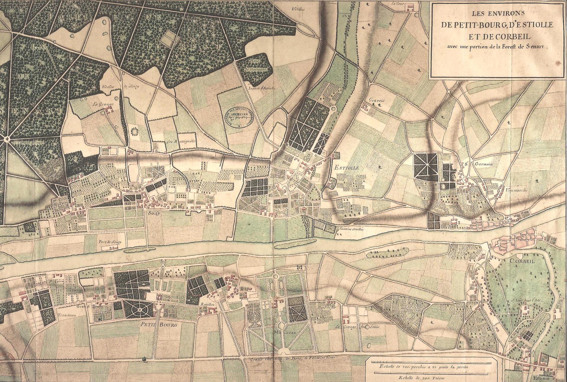 Seigneuries de Petit-Bourg (en bas), de Soisy (en face) et d'Etiolles (à droite), XVIIIe sièlce, cl. Ph. Cachau