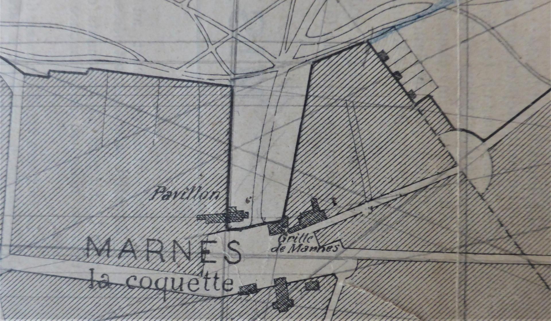 Entrée du domaine à Marnes-la-Coquette, détail du plan XIXe. Eglise Ste-Eugénie en vis-à-vis, ©Ph.Cachau